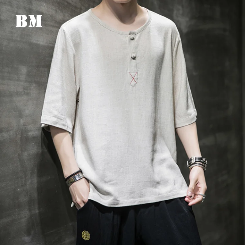 

Chinese Style Summer Casual Plus Size T Shirt Harajuku Linens Oversized Top Men Clothing Loose Traditional Dress Short Sleeve