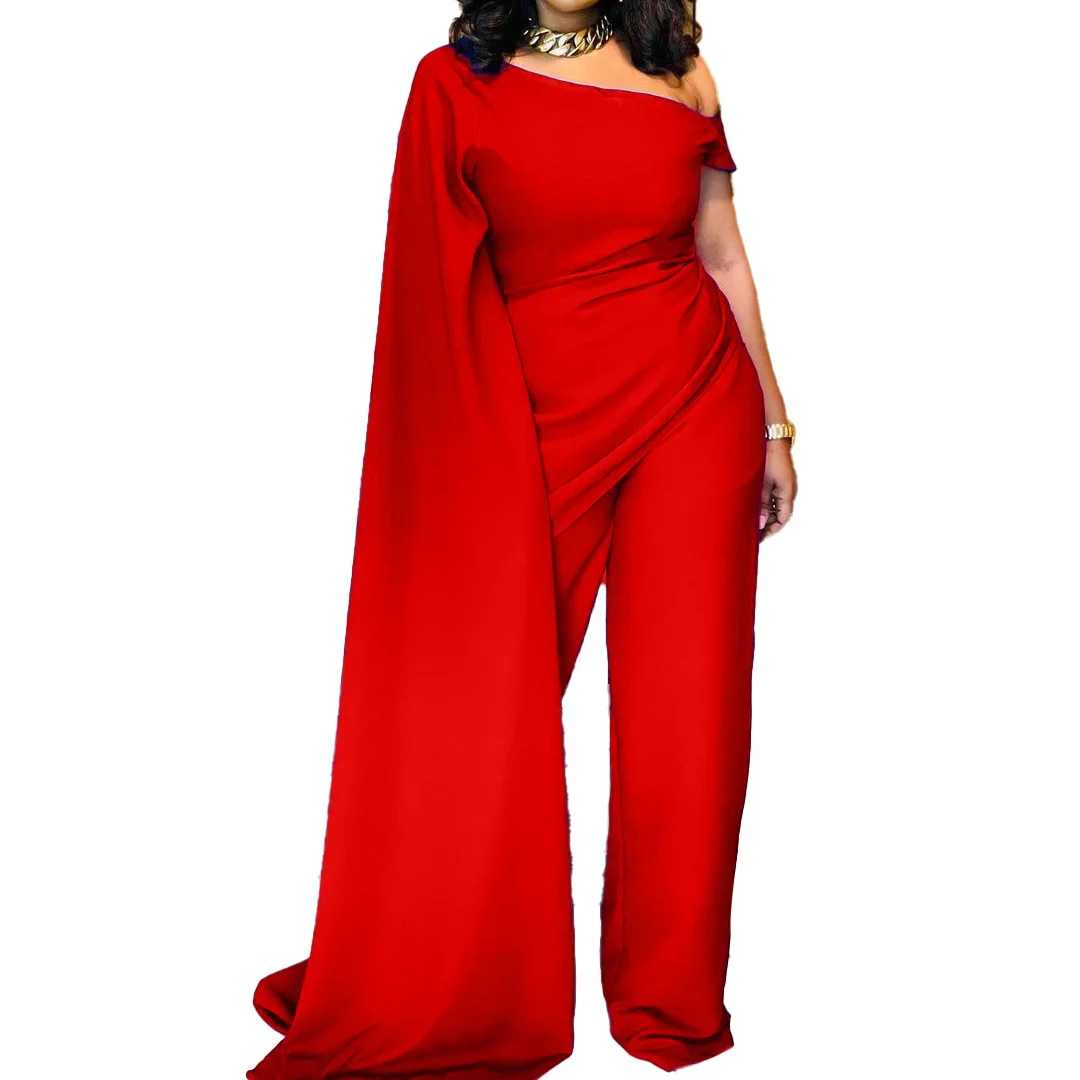 

Women Jumpsuit Sloping Shoulder High Waist Wide Leg Irregular Sleeves African Fashion Female Summer Plus Size Ladies 2021 New