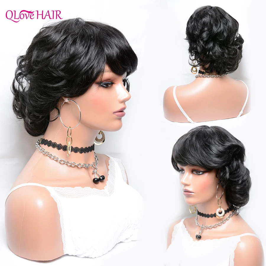 

Full Machine Made Wigs With Bangs Short Bob Wigs Natural Color Human Hair Wigs For Women Body Wave Peruvian Remy Hair Wigs