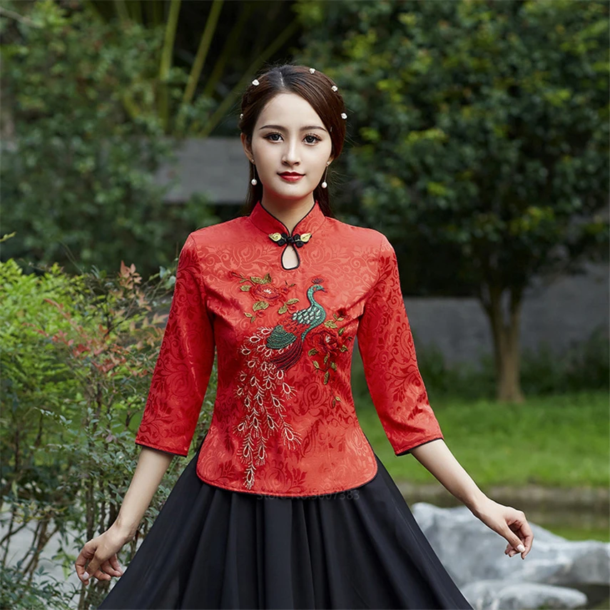 Традиционные китайские топы женский ретро костюм Тан с рукавом три четверти
