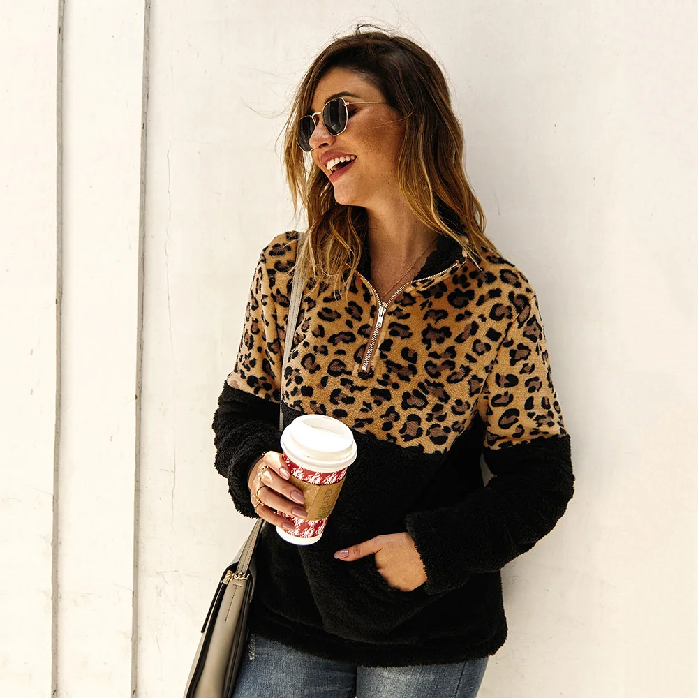Женские топы пуловер Осень-зима Новый леопардовый на молнии с карманом и высоким