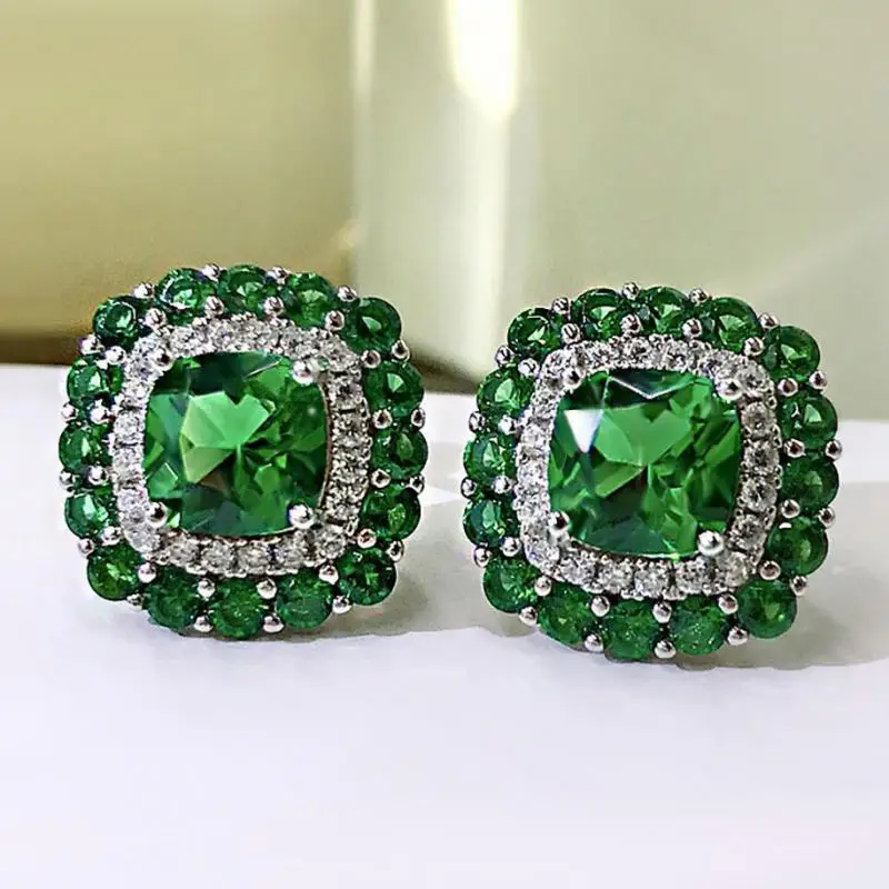 

2021 New Design 925 Sterling Silver 13*13mm Emerald Sapphire Gemstone Stud Earrings For Women Vintage Wedding Party Fine Jewelry