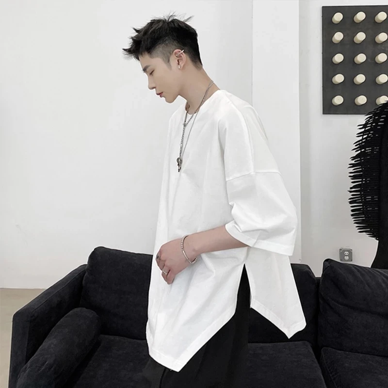 

Personalized fashion split top summer loose T-shirt non mainstream 5-sleeve men's short sleeve fashion design style