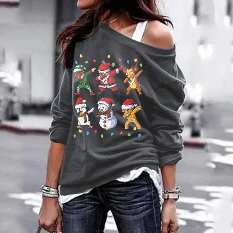 

Women Casual Hot Christmas Tree Tee Tops Lady Long Sleeve Xmas Pullover T Shirt Spring Autumn Off Shoulder Streetwear Plus Size