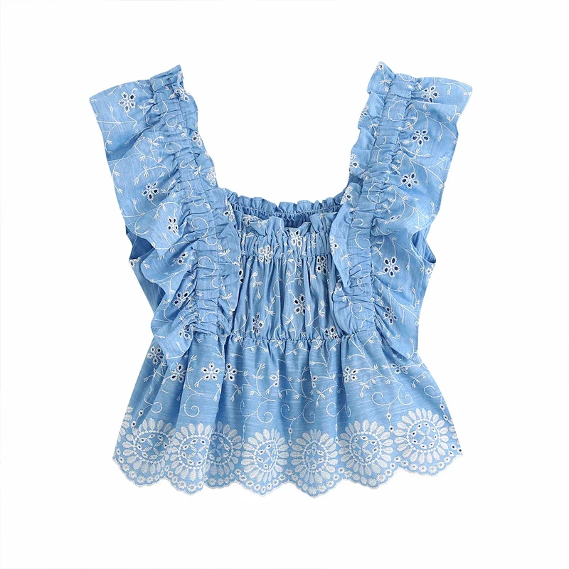 Женская ажурная рубашка без рукавов с цветочной вышивкой боковым воротником и