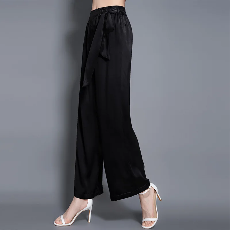 

NS146 Spring and summer 2021 New Silk Black wide leg pants casual loose pants fashion bow mulberry silk pants