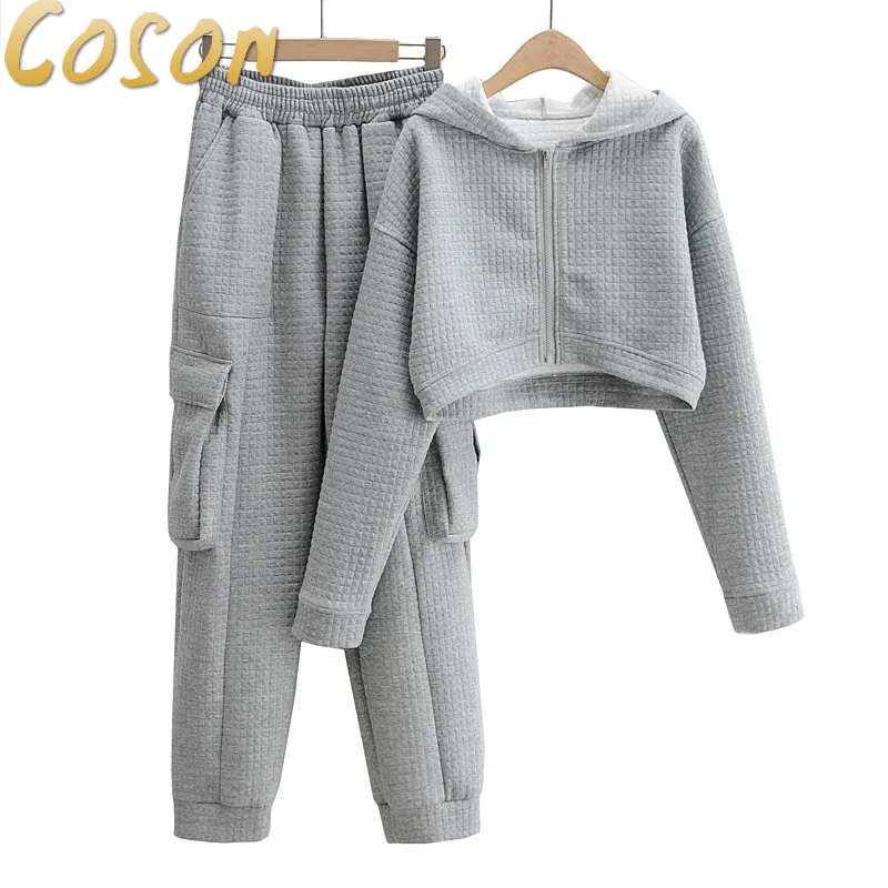 

COSON 2021 Spring Autumn Women 2 Piece Set Casual Solid Tracksuit Women Chic Short Hooded Cardigan Loose High Waist Sweatpant's