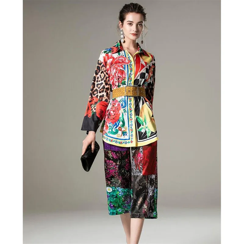 

Runway Designer Set High Quality Spring Summer Women Suits Long Sleeves Print Shirt+ Knee Length Pants Two-piece Sets NP1347N