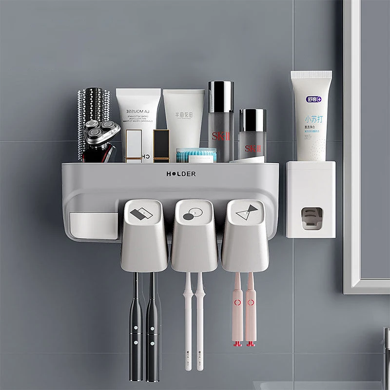 

Bathroom Storage Rack Toothbrush Holder Wall-Mounted Automatic Toothpaste Squeezer Dispenser Inverted Cup Storage Rack