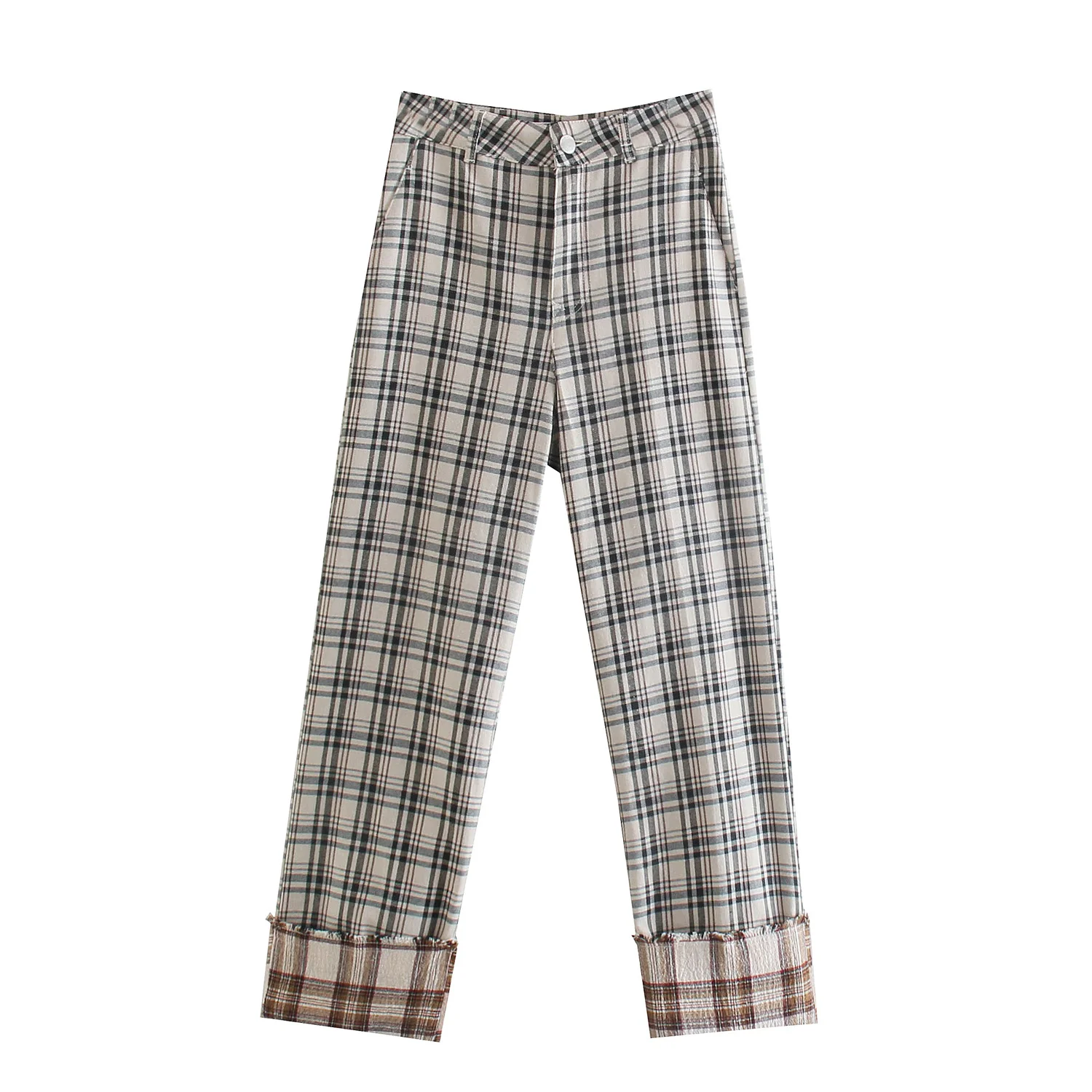 

Willshela Women Fashion Straight Checked Trousers High-waist Contrast Frayed Turn-up Hems Vintage Chic Lady Woman Pants