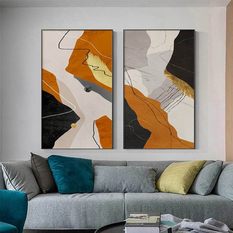

Modern Abstract Gold foil lines Orange Canvas Art Paintings For Living Room Bedroom Posters And Prints Wall Poster Home Decor