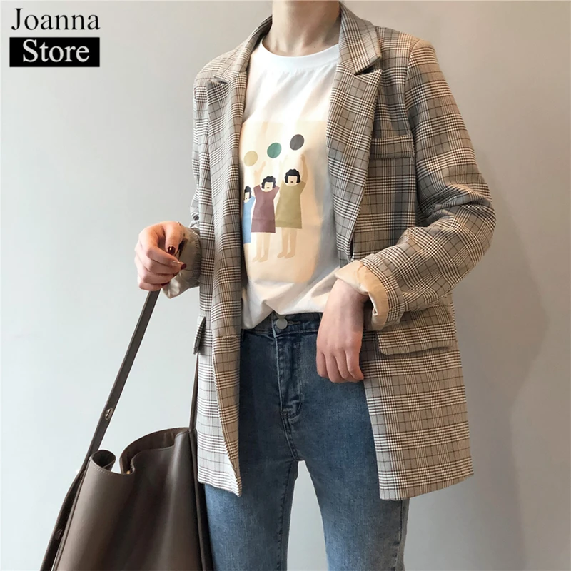 

Spring New Plaid Short Jacket Women Lapel Long Sleeve Single-Breasted Pockets Vintage Loose Blazer Plus Size Casual Wild Clothes