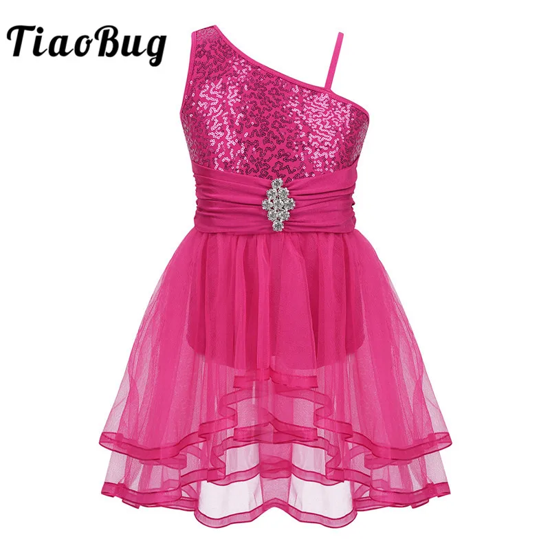 TiaoBug/детское блестящее Сетчатое платье трико для балета с пачкой на одно плечо