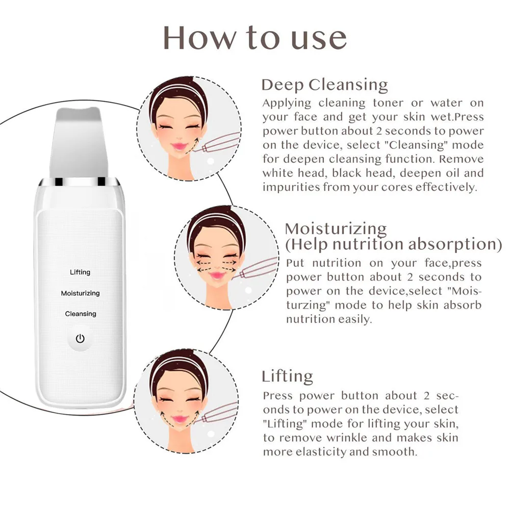 

Ultrasonic Ion Facial Skin Scrubber Deep Face Cleaning Dirt Blackhead Reduce Face Lifting Peeling Beauty Instrument Skin Care