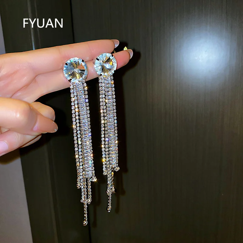 

FYUAN Big Zircon Crystal Rhinestone Earrings for Women Bijoux Long Tassel Geometric Dangle Earrings Weddings Jewelry