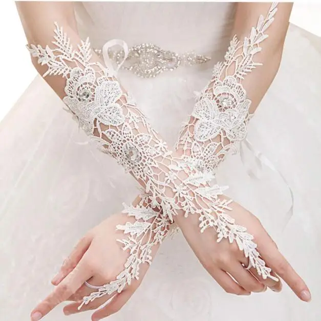 

1Pair Bridal Gloves With Nice Beadings Wedding Gloves Vintage Breathable Stretch Hollow out Solid color Costume Accessories