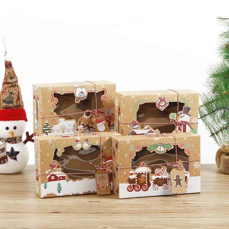 24 Pieces/Lot Christmas Kraft Paper Candy Box PVC Window Opening Humanoid Gingerbread Gift Box Christmas Cookie Folding Box
