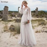 sevintage simple beach puff full sleeves long wedding dresses boho scoop lace bridal gowns tulle bride dress robe de mariee 2020