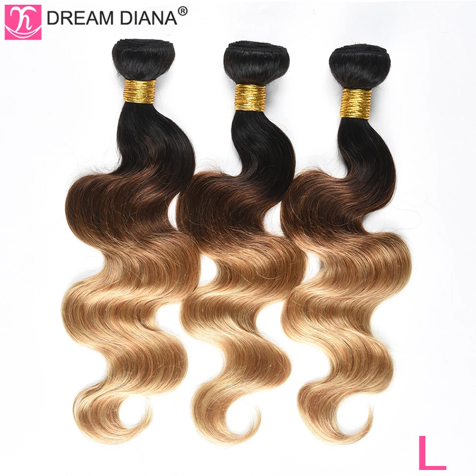 DreamDiana три тона Бразильская волна тела 3 пучка 1B 4 27 1"-26" L Омбре Remy Weave предварительно цветные человеческие волосы для наращивания