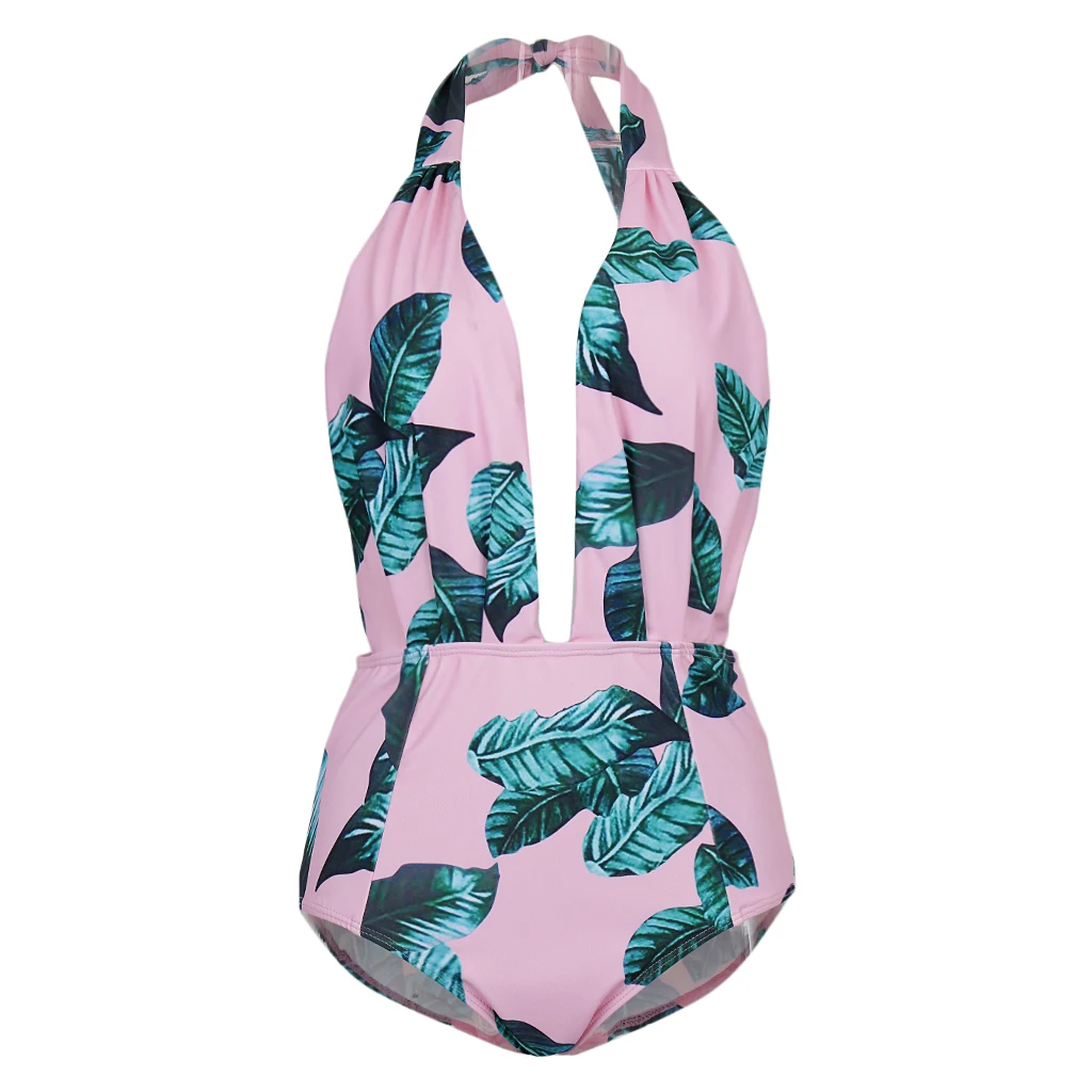 

Vintage Floral Printed One Piece Swimsuit Open Back Halter Swimwear Women