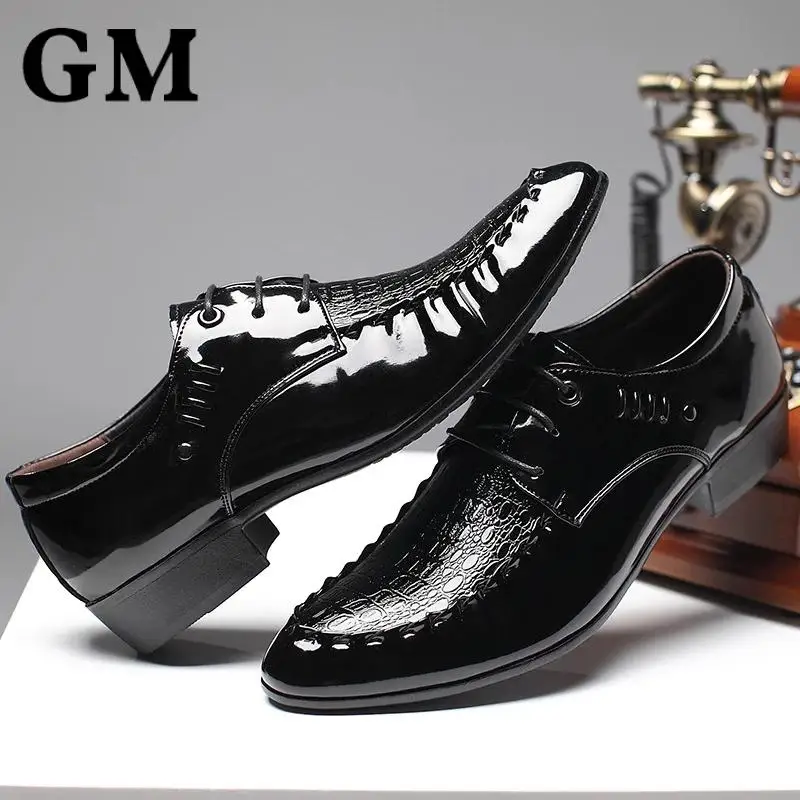 

Men Crocodile Dress Shoes 2020 Autumn PU Leather Fashion Pointed Toe Lace-Up Party Shoes Black Mens Business Oxfords Flats Shoes