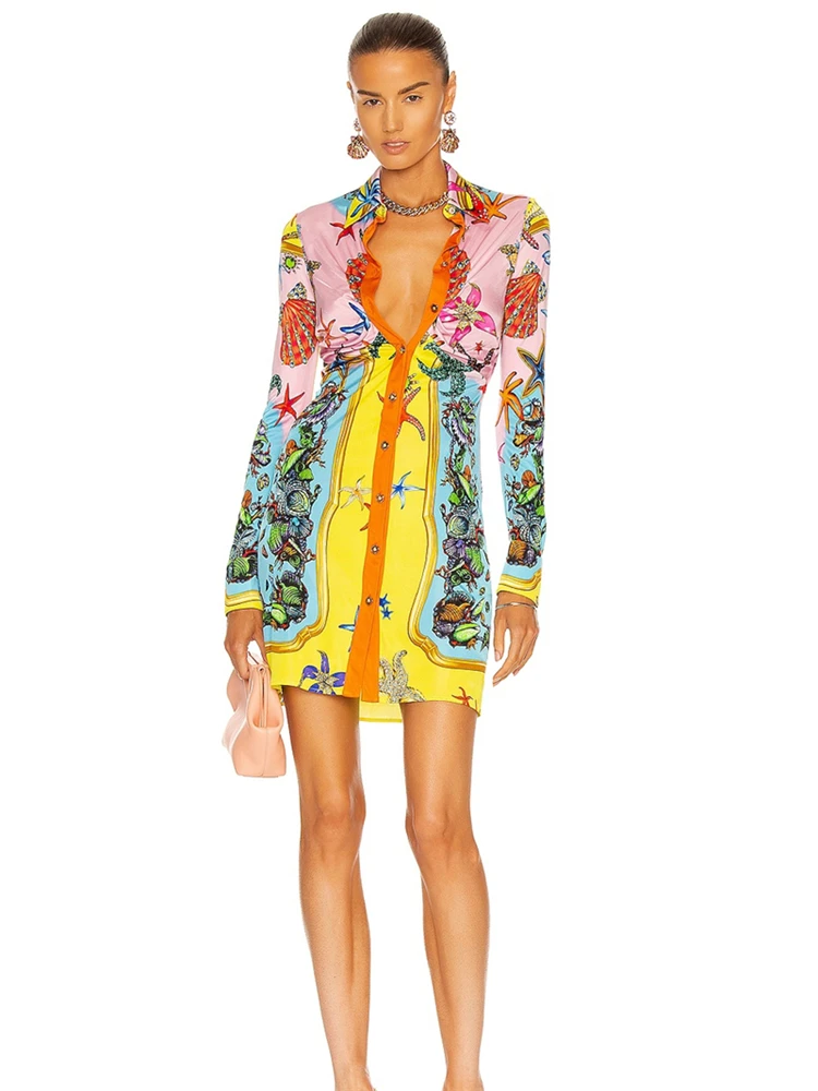 

Big design design 2021 autumn new style lapel shell print dress women's fashion retro starfish patternmid-length shirtskirt bing