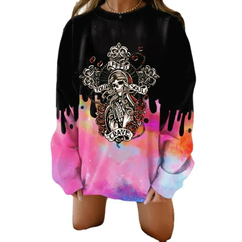 

Vintage Streetwear Women Skull Print Oversized Crewneck Sweatshirt Loose Harajuku Crew Neck Long Sleeve Fashion Clothes 2021 New