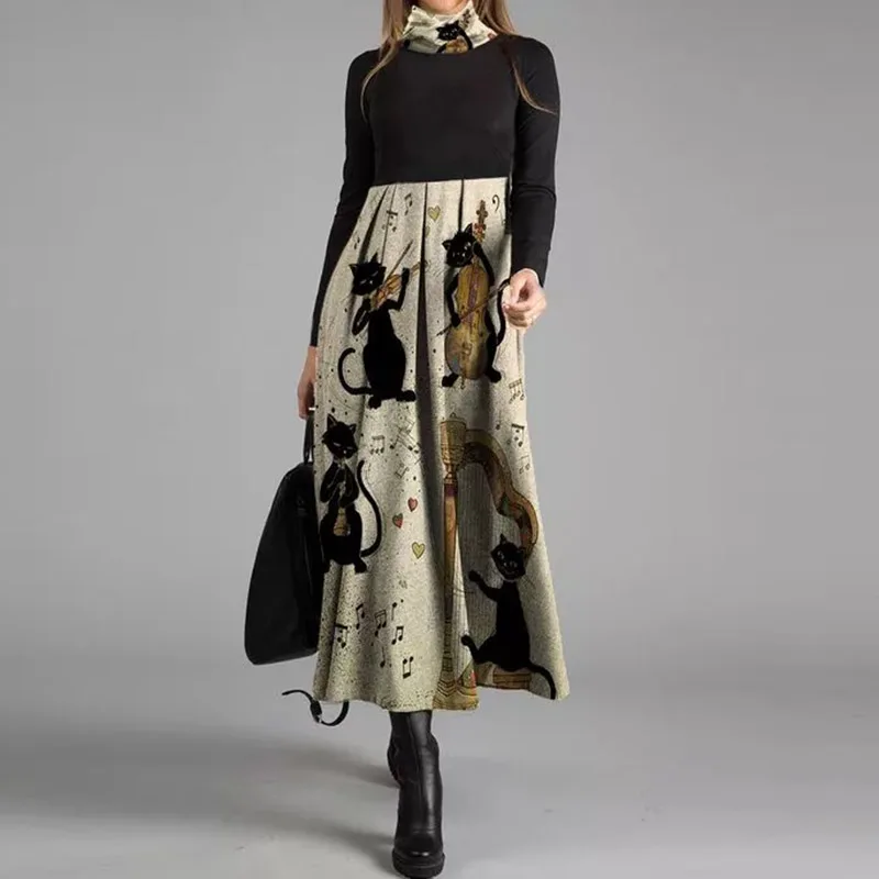 

Landscape Print Women Long Dress Retro Casual Pleated Slim Female Dress 2021 Spring Fashion Long Sleeve Party Dress Vestidos