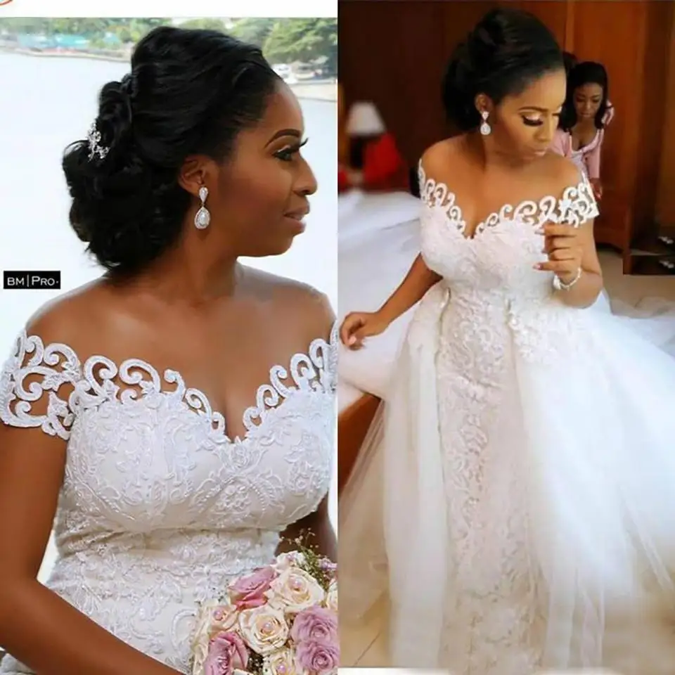 

New Sexy African Nigerian Mermaid Wedding Dresses Detachable Train Full Lace Applique Sheer Off The Shoulder Short Sleeve