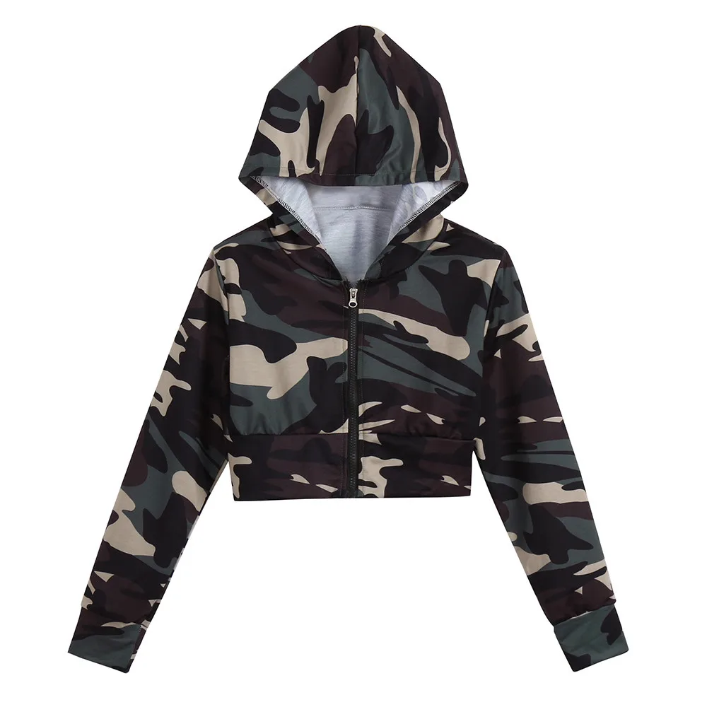 

Womens Fashion Camouflage Print Shirt Long Sleeve Blouse Zipper Hooded Top Short Sweater Уличная Мода #srn