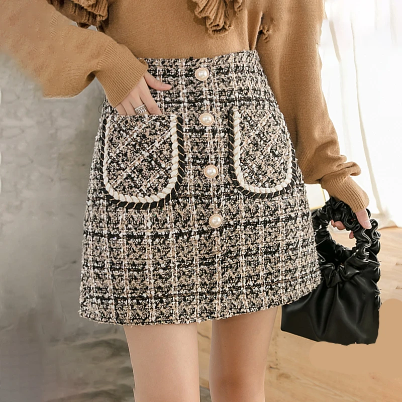 

Elegant Tweed Skirts Women Autumn Winter Button Mini Pencil Skirts Plaid Wool Skirts Korean High Waist Tweed Skirt Lady W402