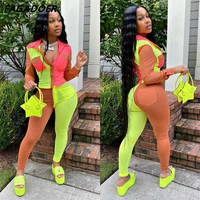 fagadoer neon color patchwork two piece set women button up full sleeve top and leggings outfits autumn club birthday tracksuits