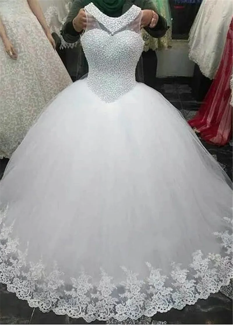 

New Hot Sale Tulle O-neck Ball Gown Wedding Dresses Pearls Beading Lace Appliques Bridal Dress 2020 vestidos de mariee