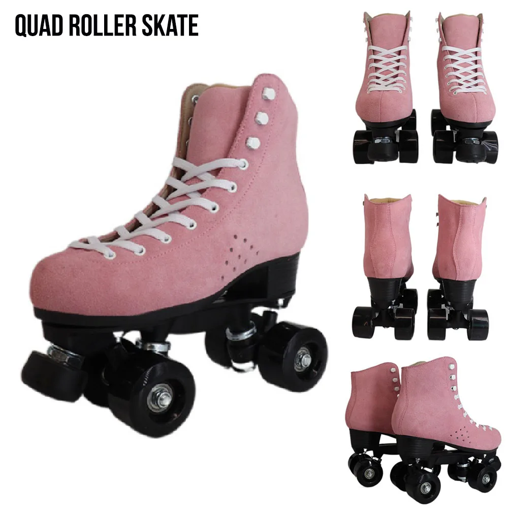 Pink Double Line Skate Quad Roller Skate Womens Retro Cowhide Suede Sport Patines Size 35-48 Adults Children Outdoor Skate Boots