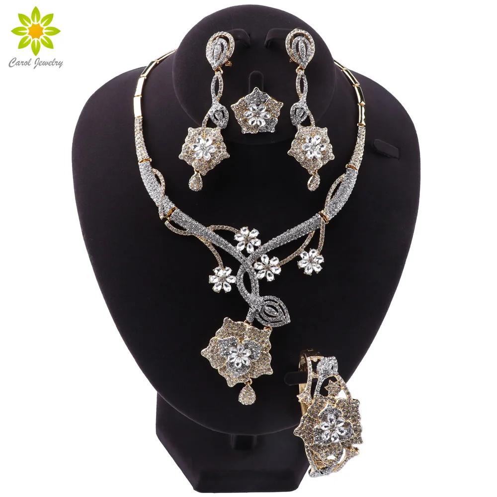 Африканские свадебные ювелирные наборы, модные женские золотистые кристаллы в форме цветка, ожерелье, серьги, браслет, кольцо, свадебные по...