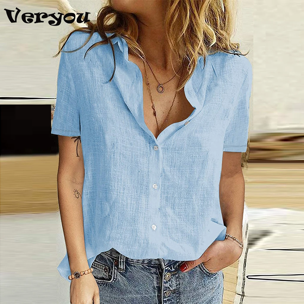 Женская блузка на пуговицах повседневная Однотонная рубашка с коротким рукавом