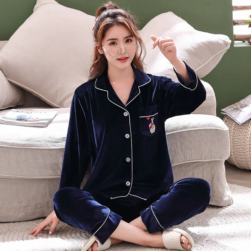 

Gold Velvet Pajamas Ladies Long-sleeved Thin Section Korean Sweet Student Two-piece Suit Autumn And Winter Home Wear