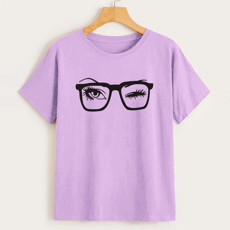 Лето 2019 новая хлопковая Футболка женская мигать с рисунком очков очки Широкий