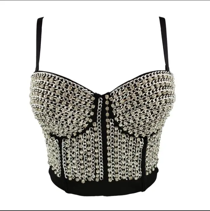 Hot Chain Drilling Women's New Fashion Sexy Sleeveless Push Up Night Club Bralette Metal Outer Wear Bustier Crop Tops L544