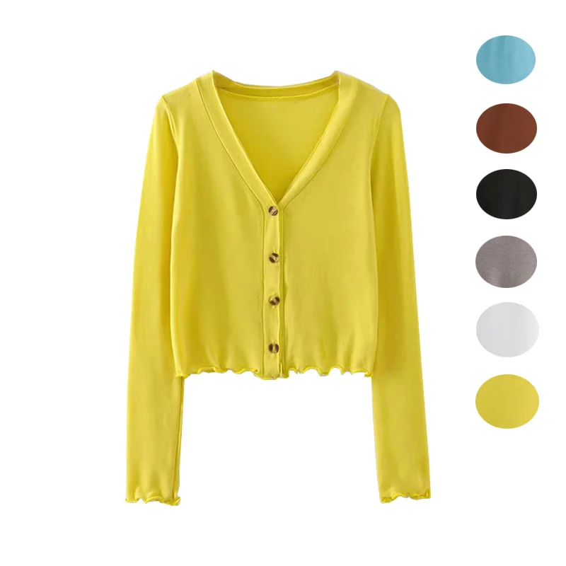 

Women's Summer Short Fashion Cardigan Sweater Crop Top Tops Clothing Korean Ladies Tops Ruffle Streetwear Solid Color V-neck