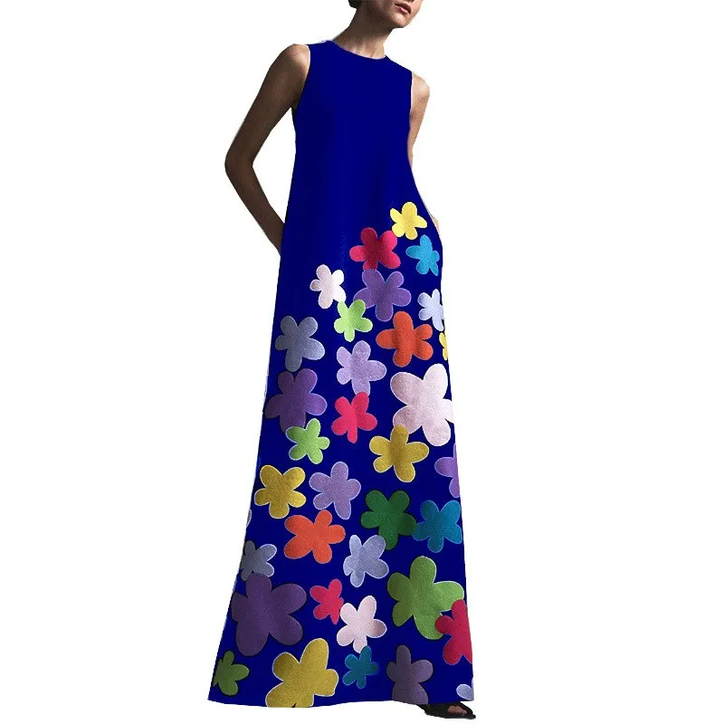 Женское длинное платье с цветочным принтом Пляжное Платье о-вырезом без рукавов |