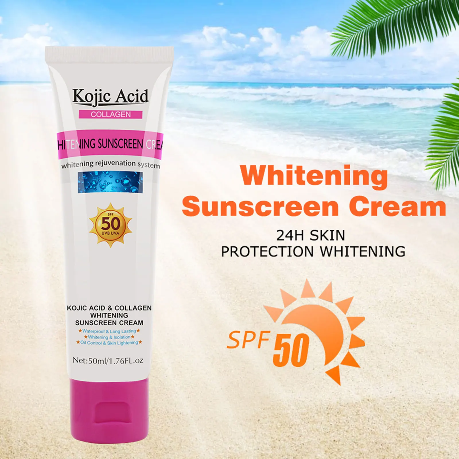 

Kojic Acid Collagen Sunscreen Cream Whitening Concealer Isolation UV Moisturizing Skin Care Waterproof Long Lasting SPF50