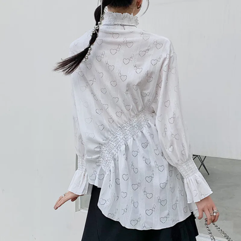 

High Quality Women Irregular Loose Shirts Summer Print Hollow Out Palace Tops Design Stand Collar Long Sleeve Ladies Blouse 2021