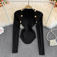 womens new winter chic button fashion elegant temperament tight slim square neck long sleeve short bottomed top sweater