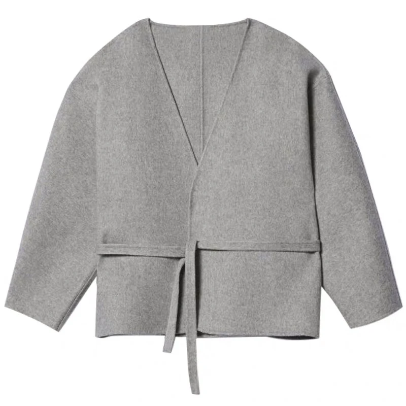 

2020 New Winter Women Woolen Short Jacket Wool Cashmere lace-up waist Sweater Coat Female ladies outwear Top with Sashes