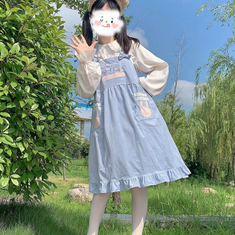

Kawaii Lolita Dress For Girls Soft Japanese Sweets Blue Lolita Outfit Cute Slip Dress Summer Rabbit Embroidery JSK vestidos