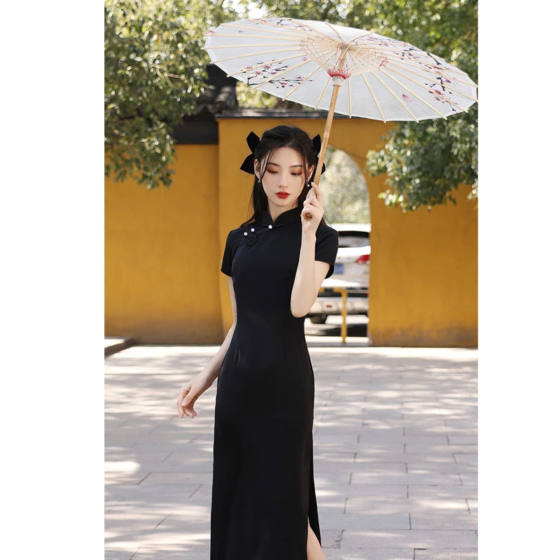 Современное китайское платье для вечеринки Qipao современное женское черное