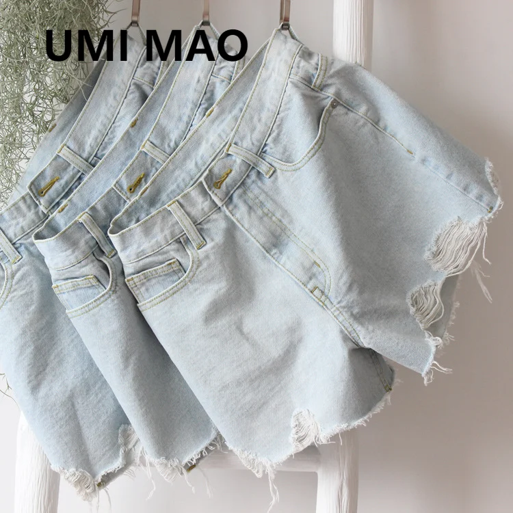 

UMI MAO New Korean Washed Distressed Brushed Hole Denim Shorts Feminino Women Soft Denim Fabric Women's Pants Short Mujer