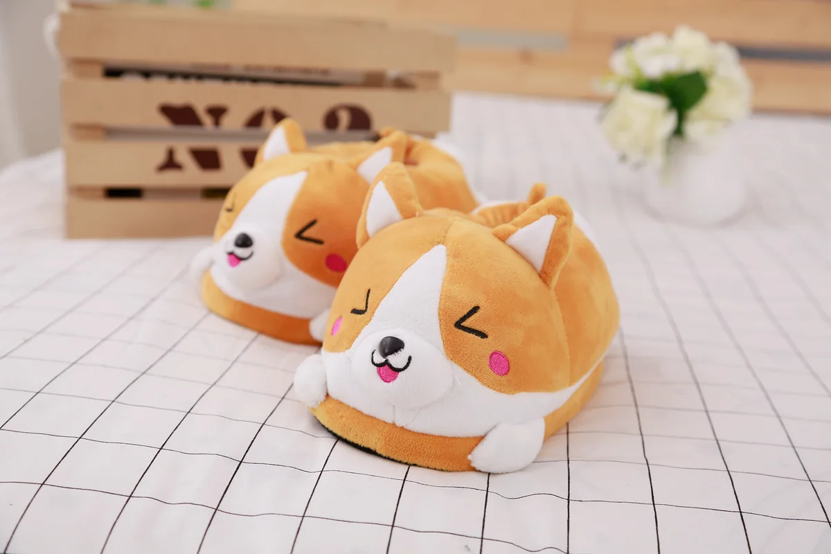 Lovely Corgi Shoes Heeled Cartoon Animals Dog Slippers Plush Indoor Floor Shoes Anti-slip Girls Ladies Friend Gift