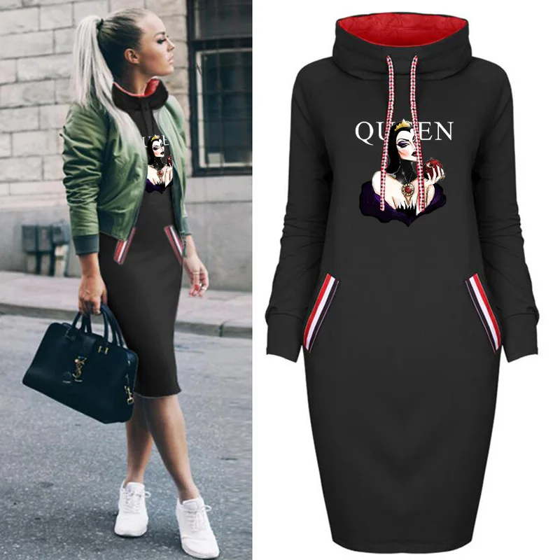 

Disney Women Dresses Half High Collar Bodycon Midi Dress Caroon Print Pockets Long Sleeve Robe Femme Autumn Vestido Casual 2021